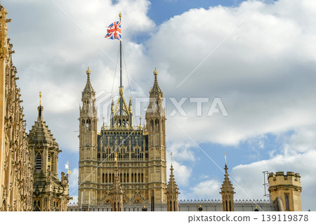 Waving england flag on London Famous Westminster uk landmark Waving england flag on London Famous Westminster uk landmark 139119878