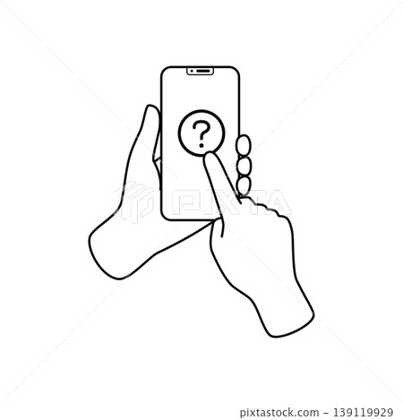 A line drawing illustration of tapping a question mark on a smartphone. 139119929