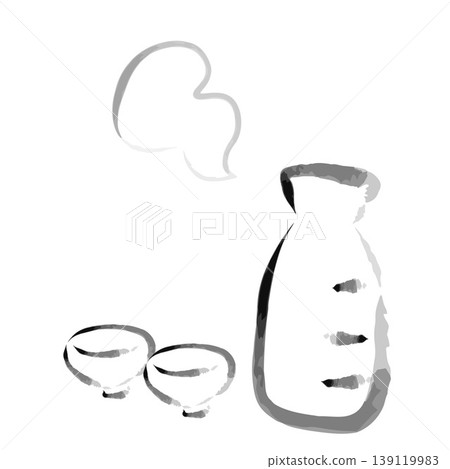 用毛筆繪製的清酒瓶和酒杯。 用毛筆繪製的清酒瓶和酒杯。 139119983
