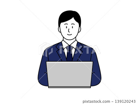 一幅插圖，描繪了一位身穿西裝的年輕男子微笑著使用電腦。 139120243