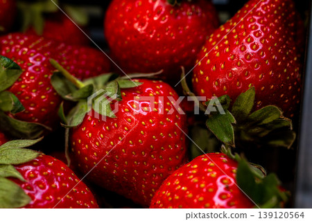 Close-up of a bountiful harvest of fresh, ripe red strawberries in Taiwan 139120564