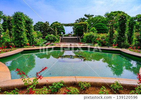 海港景山公園「香氛花園」：噴泉池中倒映著天空和新鮮的綠色植物，以及日晷的景色。 139120596