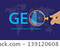 Hand holding magnifying glass over AI search on blue background, digital marketing strategy, content visibility, machine-driven discovery, search innovation, marketing, web development automation tool 139120608