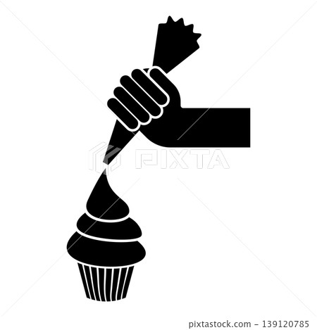 Piping cream onto pastry from pastry bag in hand icon black color vector illustration image flat style Piping cream onto pastry from pastry bag in hand icon black color vector illustration image flat style 139120785