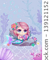A charming pink-haired mermaid happily sits on a rock under the pastel ocean surface 139121152