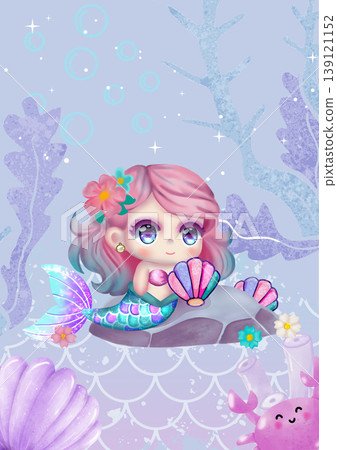 A charming pink-haired mermaid happily sits on a rock under the pastel ocean surface A charming pink-haired mermaid happily sits on a rock under the pastel ocean surface 139121152