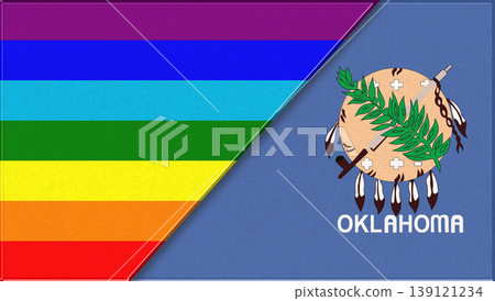 Flags of LGBT and Oklahoma. LGBT and Oklahoma official flags on fabric texture Flags of LGBT and Oklahoma. LGBT and Oklahoma official flags on fabric texture 139121234