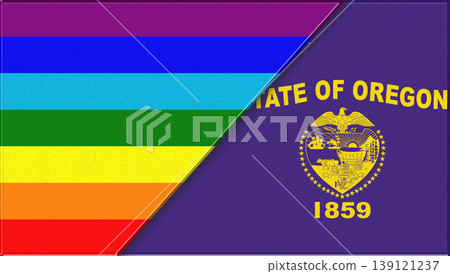 Flags of LGBT and Oregon. LGBT and Oregon official flags on fabric texture Flags of LGBT and Oregon. LGBT and Oregon official flags on fabric texture 139121237
