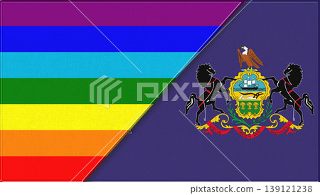 Flags of LGBT and Pennsylvania. LGBT and Pennsylvania official flags on fabric Flags of LGBT and Pennsylvania. LGBT and Pennsylvania official flags on fabric 139121238