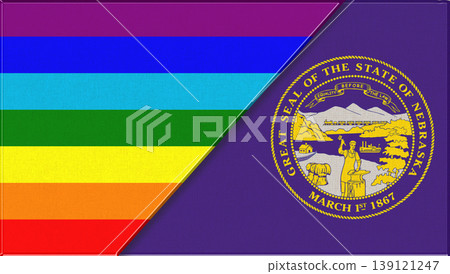 Flags of LGBT and Nebraska. LGBT and Nebraska. official flags on fabric texture 139121247