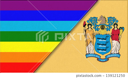 Flags of LGBT and New Jersey. LGBT and New Jersey official flags on fabric texture Flags of LGBT and New Jersey. LGBT and New Jersey official flags on fabric texture 139121250