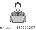 An illustration of a middle-aged man in a suit smiling while using a computer. 139121257
