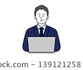 An illustration of a middle-aged man in a suit smiling while using a computer. 139121258