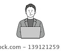 An illustration of a middle-aged man in a jacket using a computer with a smile. 139121259