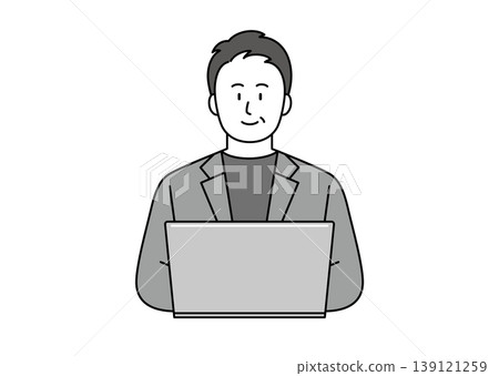 An illustration of a middle-aged man in a jacket using a computer with a smile. An illustration of a middle-aged man in a jacket using a computer with a smile. 139121259