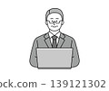 An illustration of a senior man in a suit smiling while using a computer. 139121302