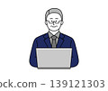 An illustration of a senior man in a suit smiling while using a computer. 139121303