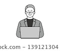An illustration of a senior man in a jacket using a computer with a smile. 139121304