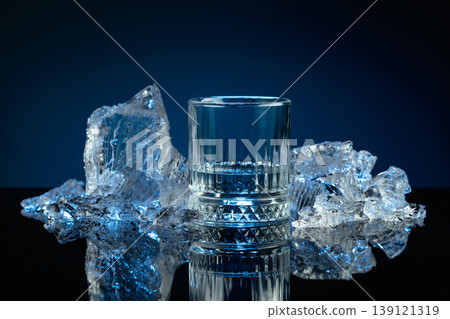 Crystal glass of vodka and ice shards against a black reflective background. Crystal glass of vodka and ice shards against a black reflective background. 139121319
