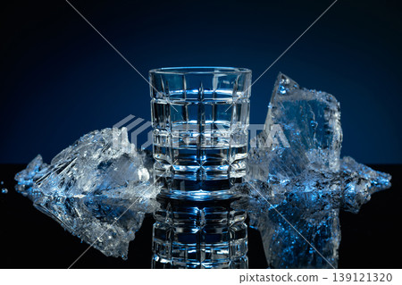 Crystal glass of vodka and ice shards against a black reflective background. Crystal glass of vodka and ice shards against a black reflective background. 139121320