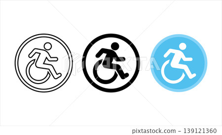 Accessibility handicap wheelchair icon set in outline, solid black, and blue design styles isolated on white background 139121360