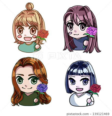 Color illustrations of four types of chibi girl characters holding roses Color illustrations of four types of chibi girl characters holding roses 139121469