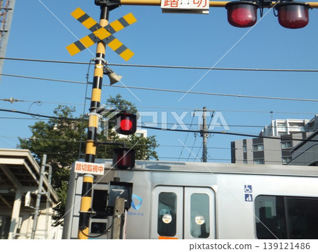 A level crossing in front of the station while a train is passing. A level crossing in front of the station while a train is passing. 139121486