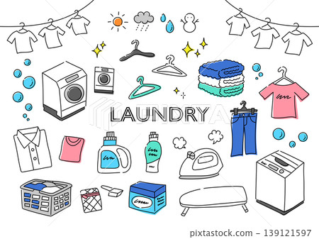 A set of hand-drawn illustrations related to laundry. A set of hand-drawn illustrations related to laundry. 139121597