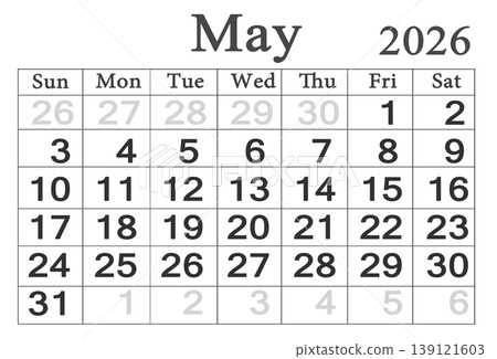 calendar for May 2026 in English. Monthly Organizer. 2026 Monthly Planner calendar for May 2026 in English. Monthly Organizer. 2026 Monthly Planner 139121603