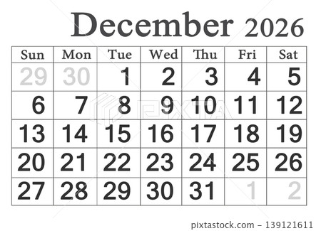 calendar for December 2026 in English. Monthly Organizer. 2026 Monthly Planner 139121611