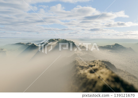 雲霧繚繞山脊的景色。 139121670