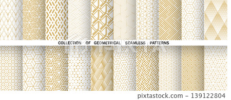 Geometric set of seamless golden and white patterns. Simple vector graphics Geometric set of seamless golden and white patterns. Simple vector graphics 139122804