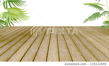 Three-dimensional isolate with wooden flooring in perspective and lush tropical leaves. 139122849