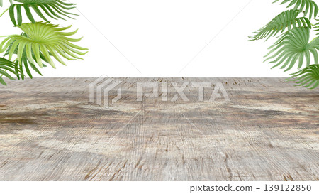 Three-dimensional isolate with wooden flooring in perspective and lush tropical leaves. 139122850