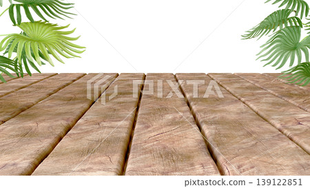 Three-dimensional isolate with wooden flooring in perspective and lush tropical leaves. 139122851