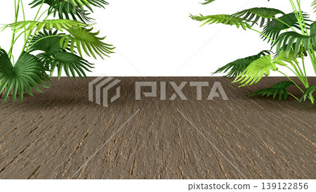 Three-dimensional isolate with wooden flooring in perspective and lush tropical leaves. 139122856