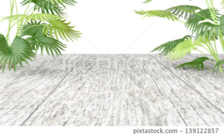 Three-dimensional isolate with wooden flooring in perspective and lush tropical leaves. Three-dimensional isolate with wooden flooring in perspective and lush tropical leaves. 139122857