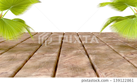 Three-dimensional isolate with wooden flooring in perspective and lush tropical leaves. 139122861