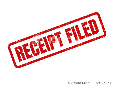 Textured rectangular stamp with RECEIPT FILED text confirming completion of a document archiving process Textured rectangular stamp with RECEIPT FILED text confirming completion of a document archiving process 139123064