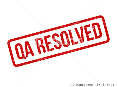 Textured red ink impression with bold QA resolved status confirming successful problem solving and closure Textured red ink impression with bold QA resolved status confirming successful problem solving and closure 139123084
