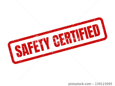 Textured red rectangle stamp displaying SAFETY CERTIFIED text, symbolizing official verification of compliance standards Textured red rectangle stamp displaying SAFETY CERTIFIED text, symbolizing official verification of compliance standards 139123095