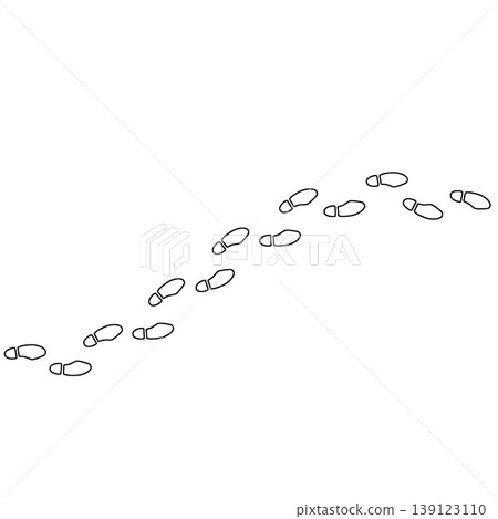 Footprint outline path, thin line human bare foot track set on white background. Minimalist walking person steps, footprint outline design, simple body part shape. Bare foot line art 139123110