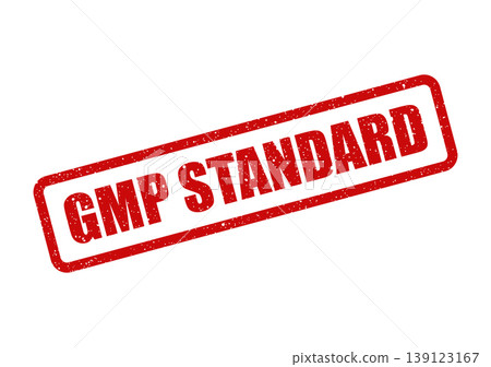 Textured red rectangular stamp with GMP STANDARD text indicating required manufacturing guidelines Textured red rectangular stamp with GMP STANDARD text indicating required manufacturing guidelines 139123167
