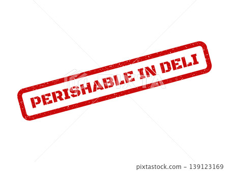 Textured red rectangular stamp with PERISHABLE IN DELI text, for delicatessen product handling Textured red rectangular stamp with PERISHABLE IN DELI text, for delicatessen product handling 139123169