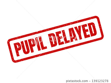 Textured red rubber stamp displaying the message pupil delayed for educational or medical administrative purposes Textured red rubber stamp displaying the message pupil delayed for educational or medical administrative purposes 139123278