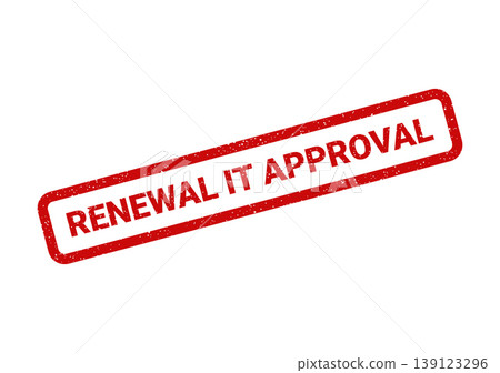 Textured red rubber stamp displays RENEWAL IT APPROVAL text, perfect for technology related documentation and system sign offs 139123296