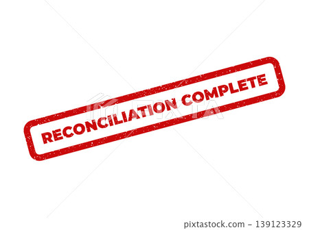 Textured red rubber stamp impression with a rectangular frame showing reconciliation complete message 139123329