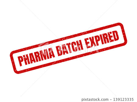 Textured red rubber stamp indicating a pharmaceutical batch has expired for quality control purposes 139123335