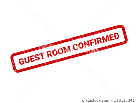 Textured red rubber stamp indicating GUEST ROOM CONFIRMED status for hotel reservations and hospitality services Textured red rubber stamp indicating GUEST ROOM CONFIRMED status for hotel reservations and hospitality services 139123341