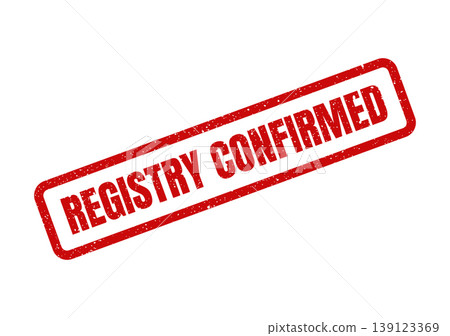 Textured red rubber stamp with REGISTRY CONFIRMED text signifying successful verification or official acknowledgment 139123369
